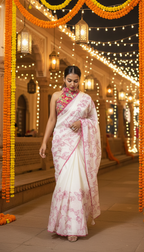 AURELIA BLANC Crepe Silk-Look Printed White Saree with Dual Blouse Set