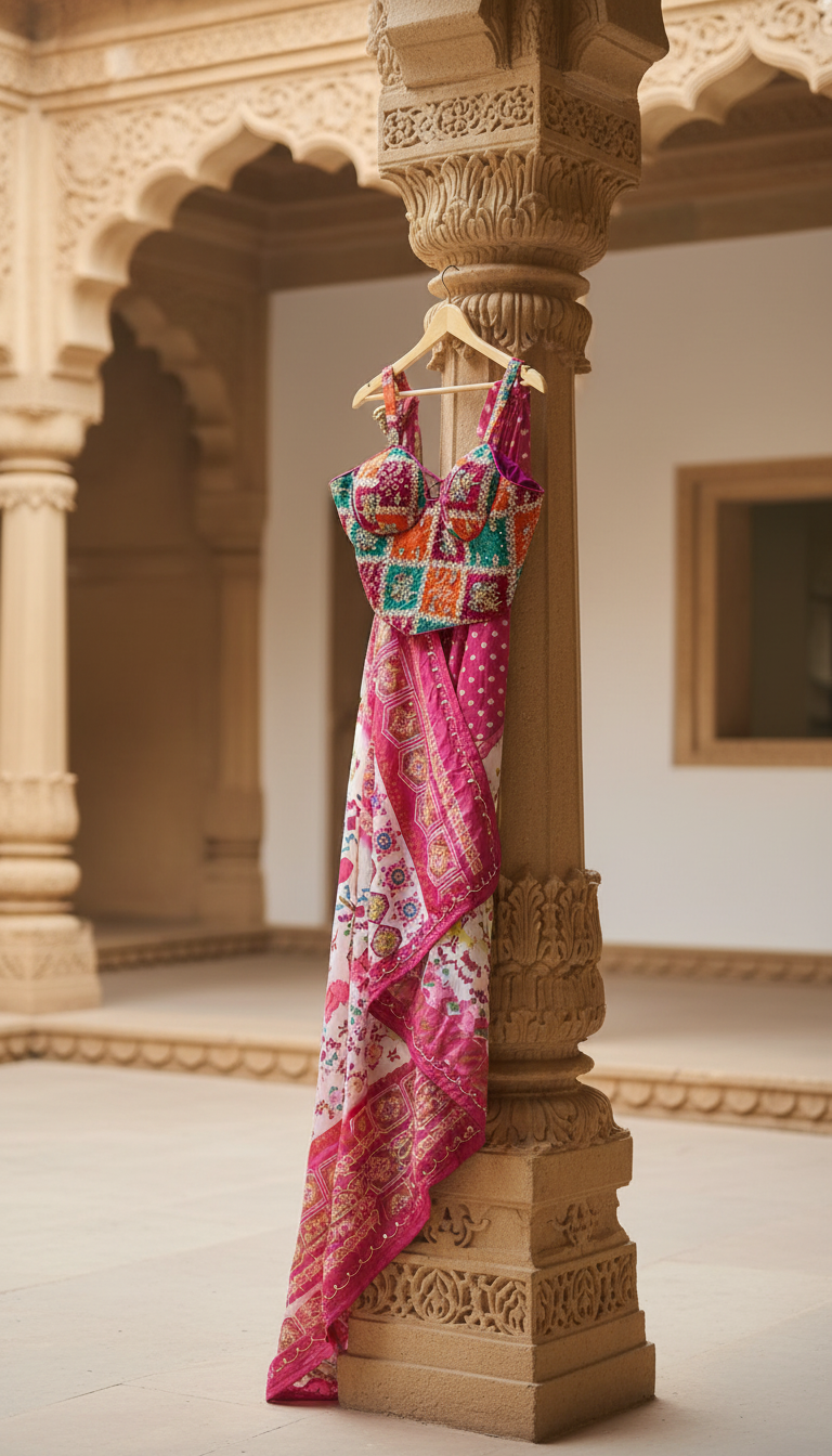 RangVeda Dual-Blouse Heritage Print Silk Saree Set