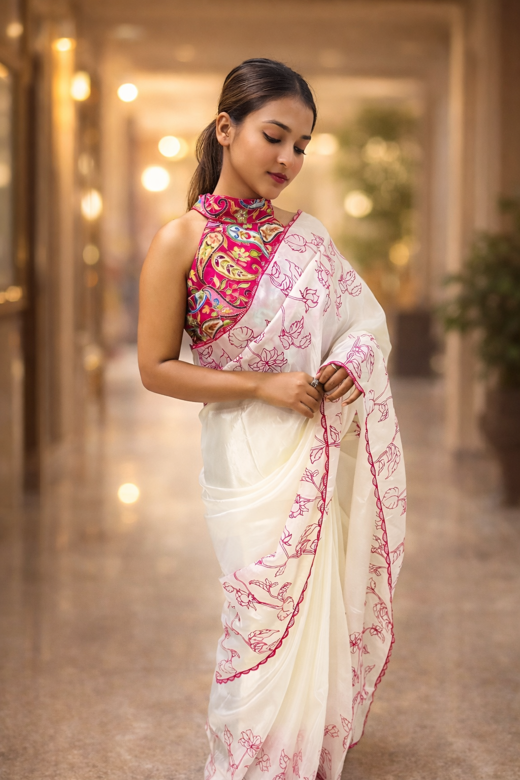 AURELIA BLANC Crepe Silk-Look Printed White Saree with Dual Blouse Set