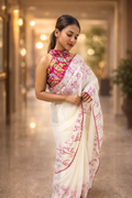 AURELIA BLANC Crepe Silk-Look Printed White Saree with Dual Blouse Set