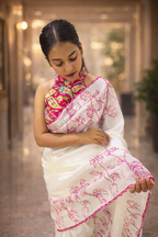AURELIA BLANC Crepe Silk-Look Printed White Saree with Dual Blouse Set