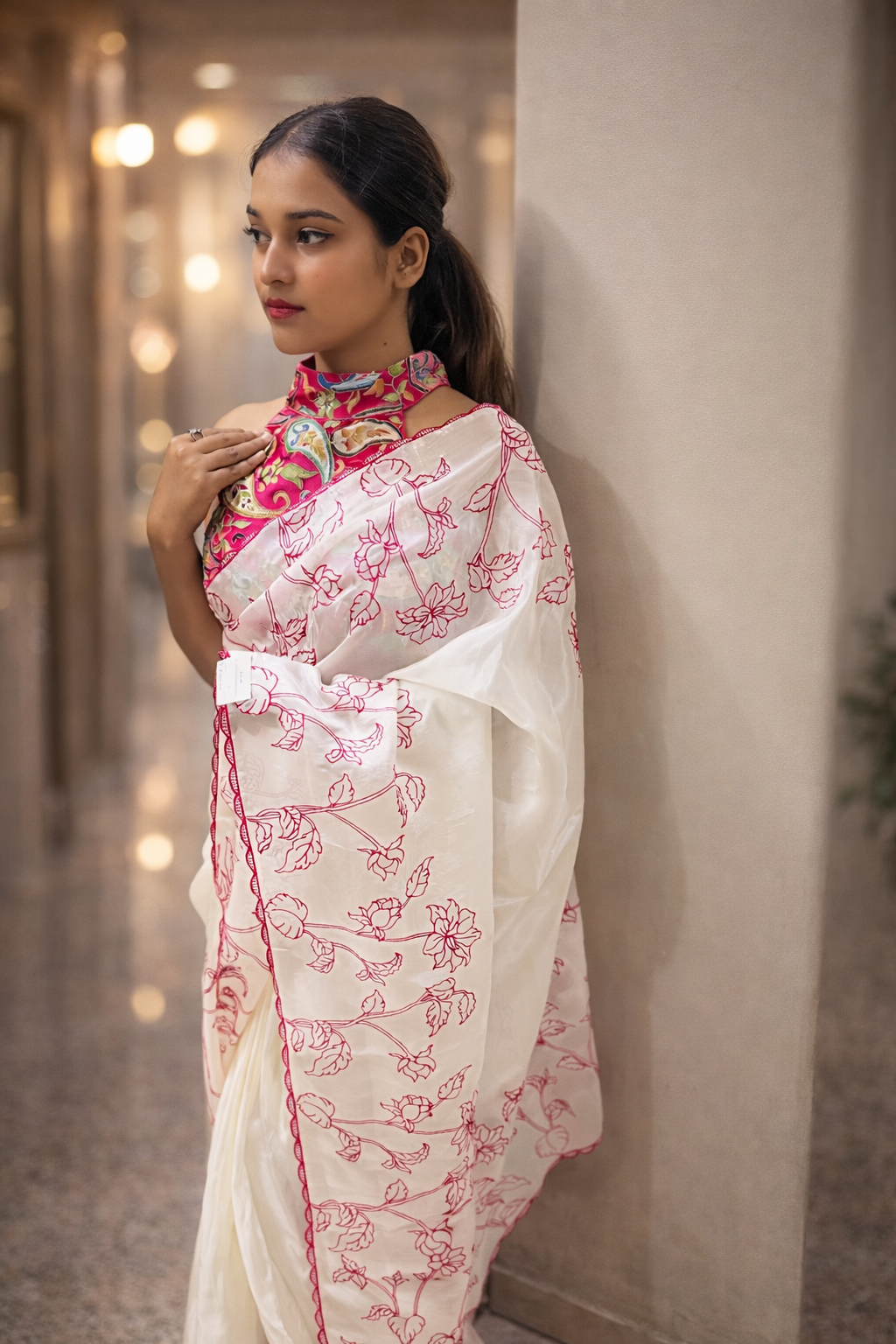 AURELIA BLANC Crepe Silk-Look Printed White Saree with Dual Blouse Set