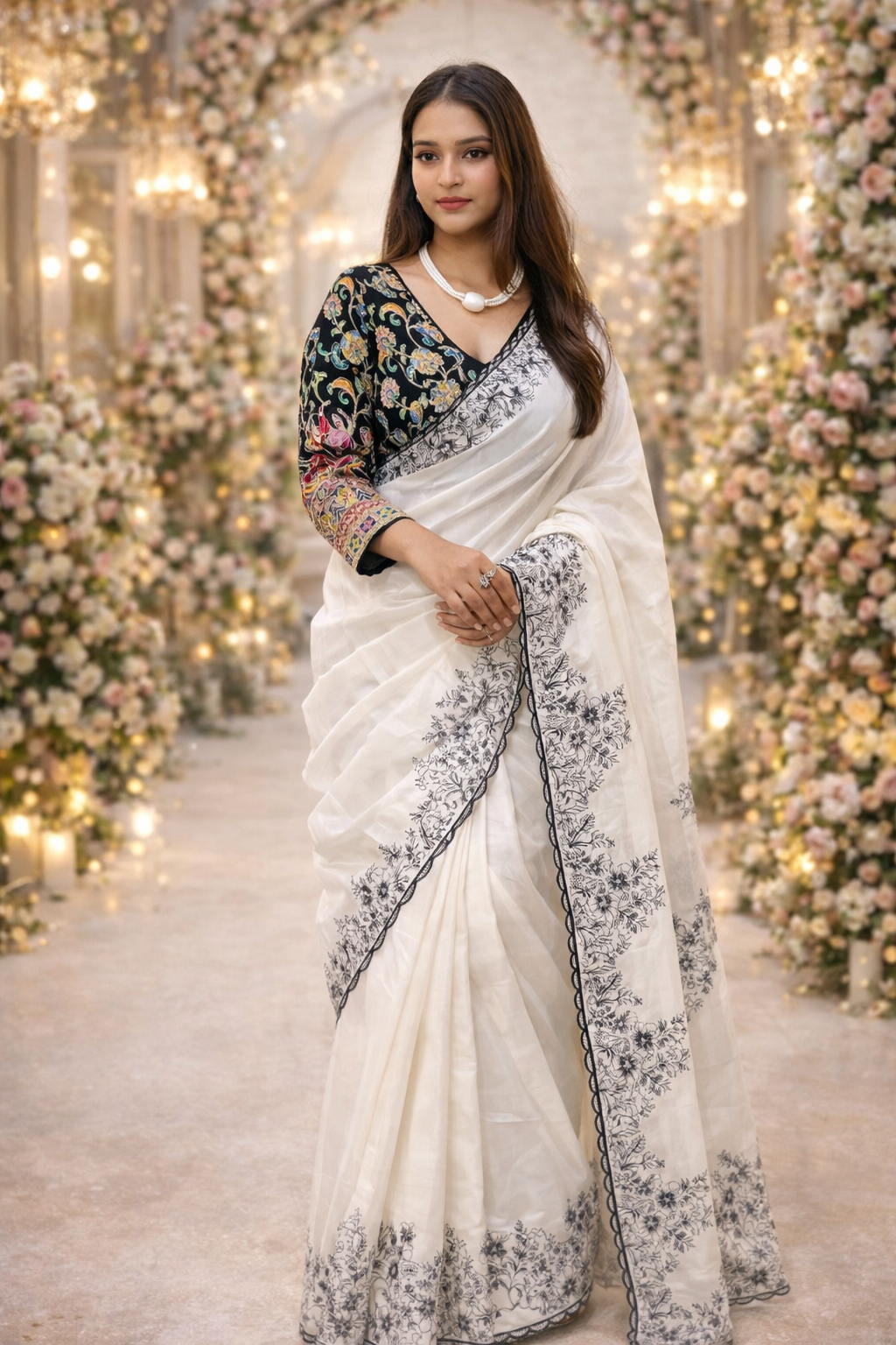 Noir Bloom Organza Saree – Dual Blouse Edition