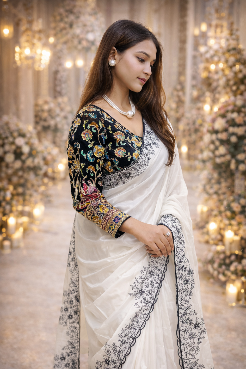 Noir Bloom Organza Saree – Dual Blouse Edition