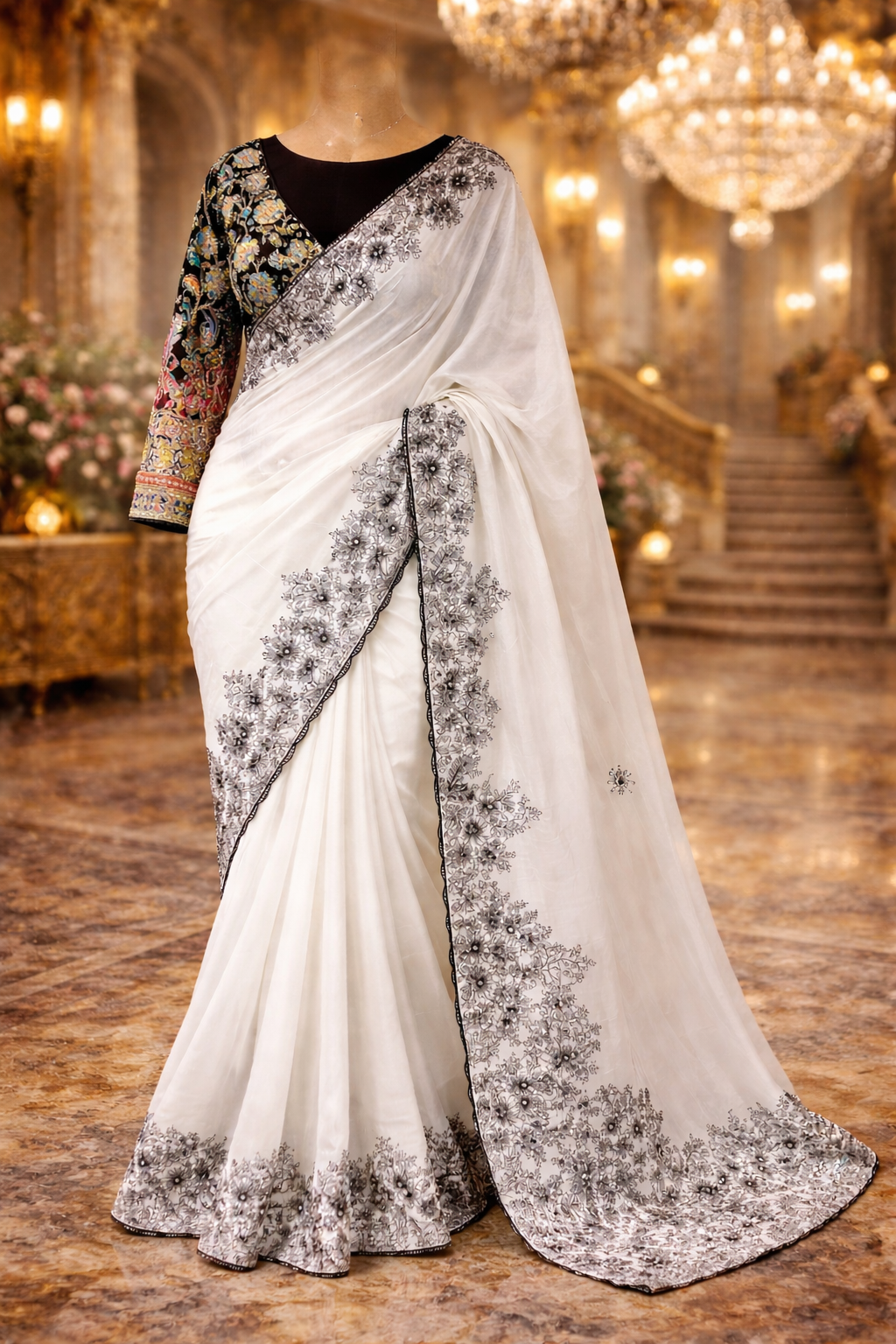 Noir Bloom Organza Saree – Dual Blouse Edition