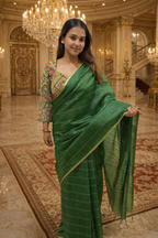 Emerald Green Handwoven Cotton Silk Saree | Two Blouse Set | Festive & Evening Wear