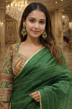 Emerald Green Handwoven Cotton Silk Saree | Two Blouse Set | Festive & Evening Wear
