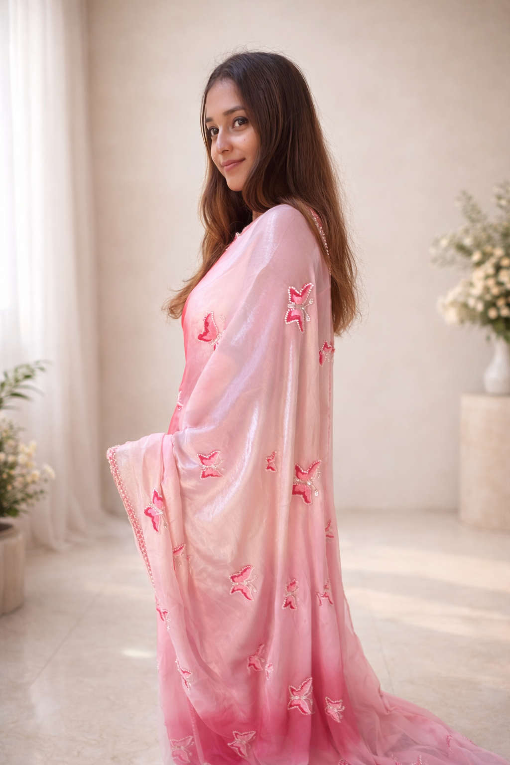 Pink Ombre Butterfly Embroidered Organza Saree | RASM Designer Studio