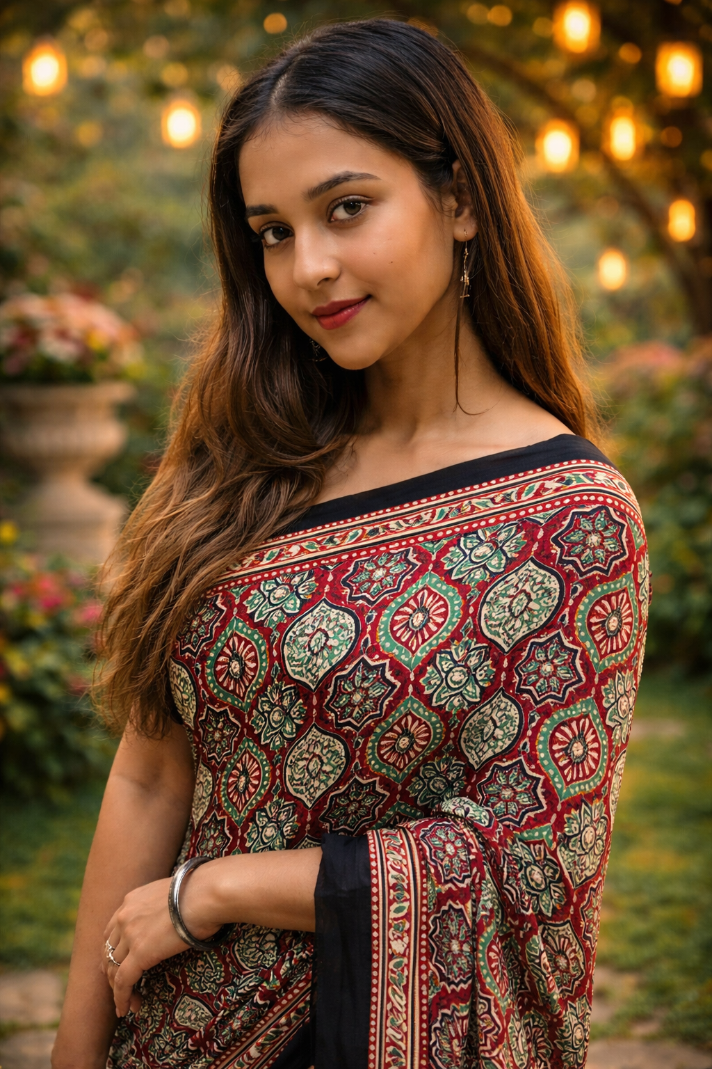 Red & Black Ajrakh Print Satin Crepe Silk Saree with Border