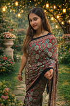 Red & Black Ajrakh Print Satin Crepe Silk Saree with Border