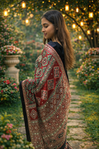Red & Black Ajrakh Print Satin Crepe Silk Saree with Border