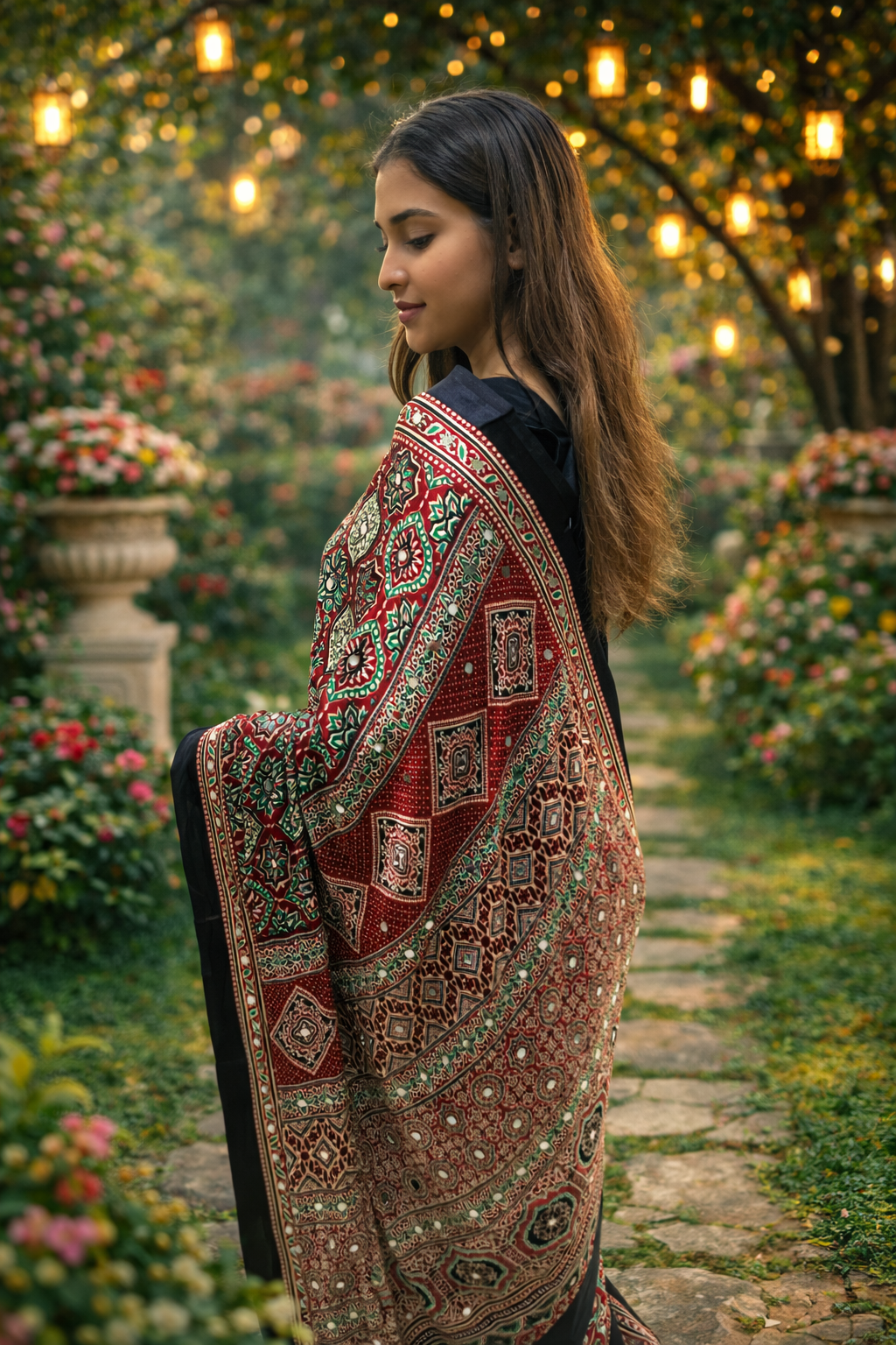 Red & Black Ajrakh Print Satin Crepe Silk Saree with Border