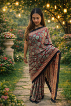 Red & Black Ajrakh Print Satin Crepe Silk Saree with Border