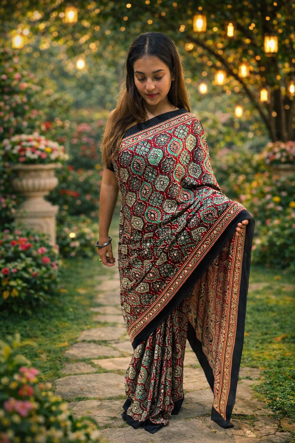 Red & Black Ajrakh Print Satin Crepe Silk Saree with Border