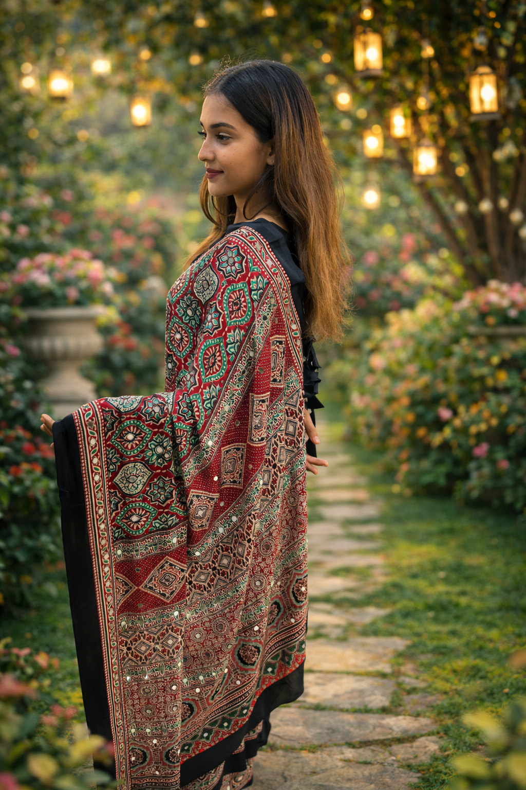 Red & Black Ajrakh Print Satin Crepe Silk Saree with Border