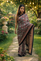 Red & Black Ajrakh Print Satin Crepe Silk Saree with Border