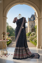 Black Ajrakh Print Saree with Red Border – Elegant Handcrafted Ethnic Wear