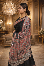 Black Ajrakh Print Saree with Red Border – Elegant Handcrafted Ethnic Wear
