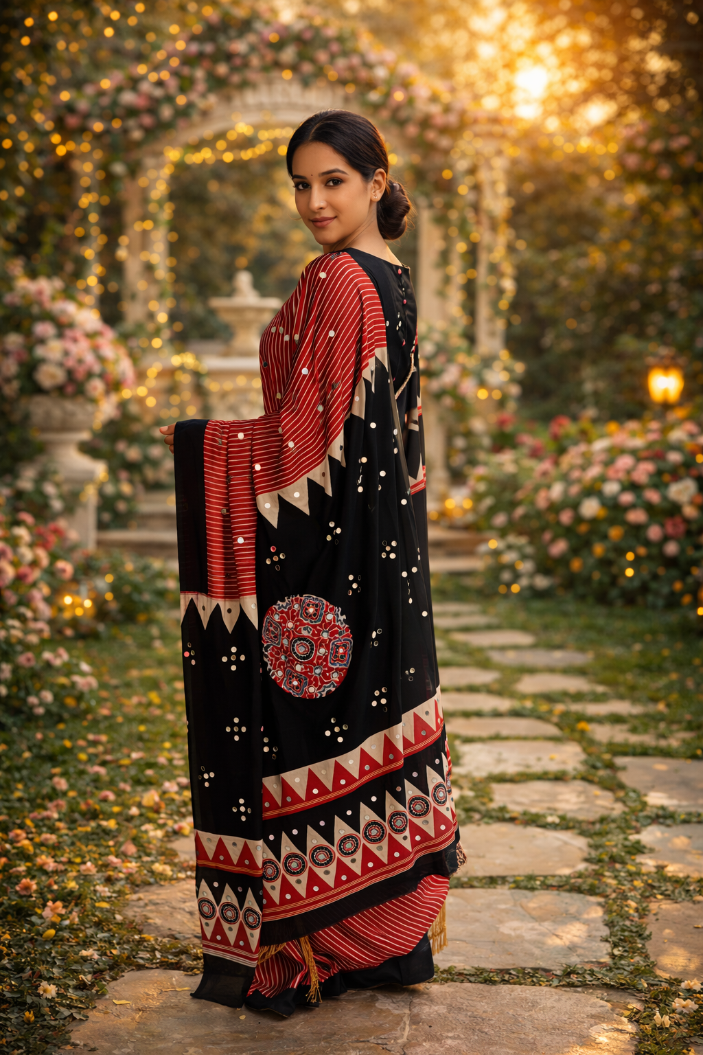 Black & Red Ajrakh Inspired Printed Saree with Geometric Motifs