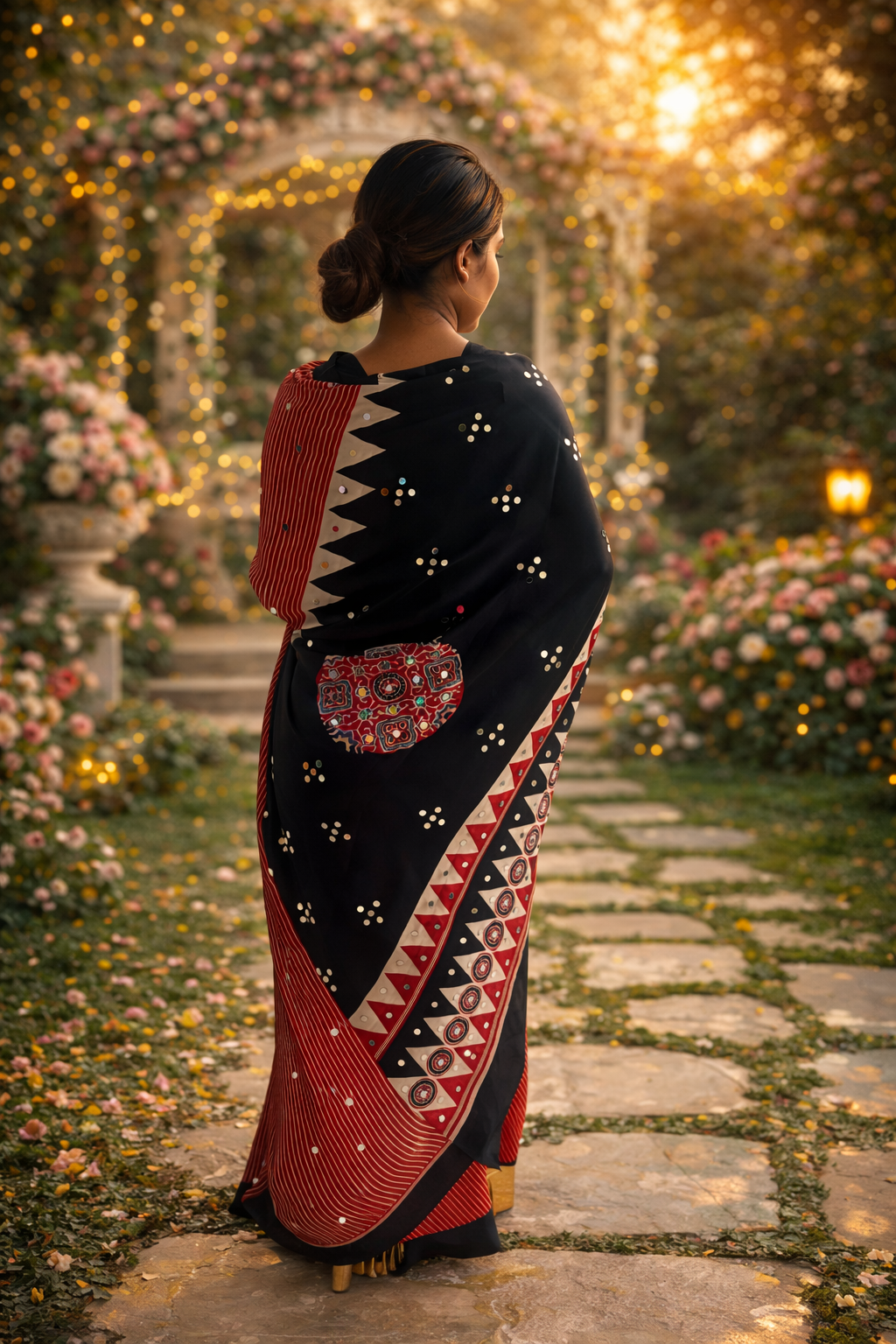 Black & Red Ajrakh Inspired Printed Saree with Geometric Motifs