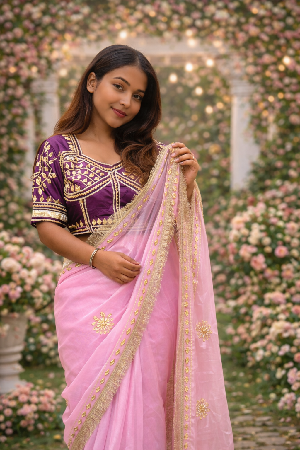 Noor-e-Gota Fancy Fabric Saree with Gota Patti Work & Designer Stitched Blouse