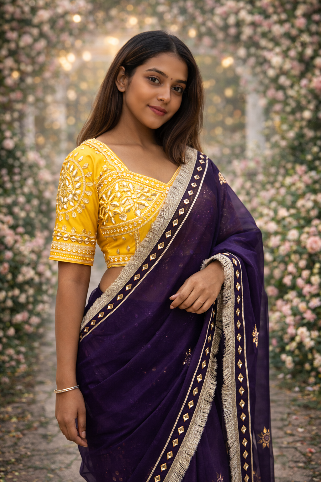 Noor-e-Gota Fancy Fabric Saree with Gota Patti Work & Designer Stitched Blouse