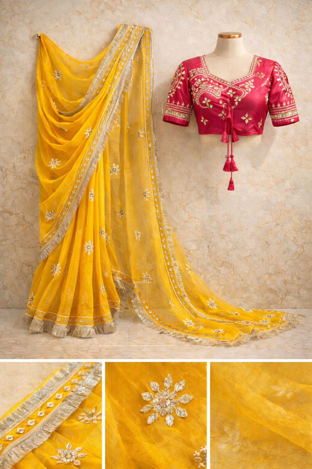 Noor-e-Gota Fancy Fabric Saree with Gota Patti Work & Designer Stitched Blouse