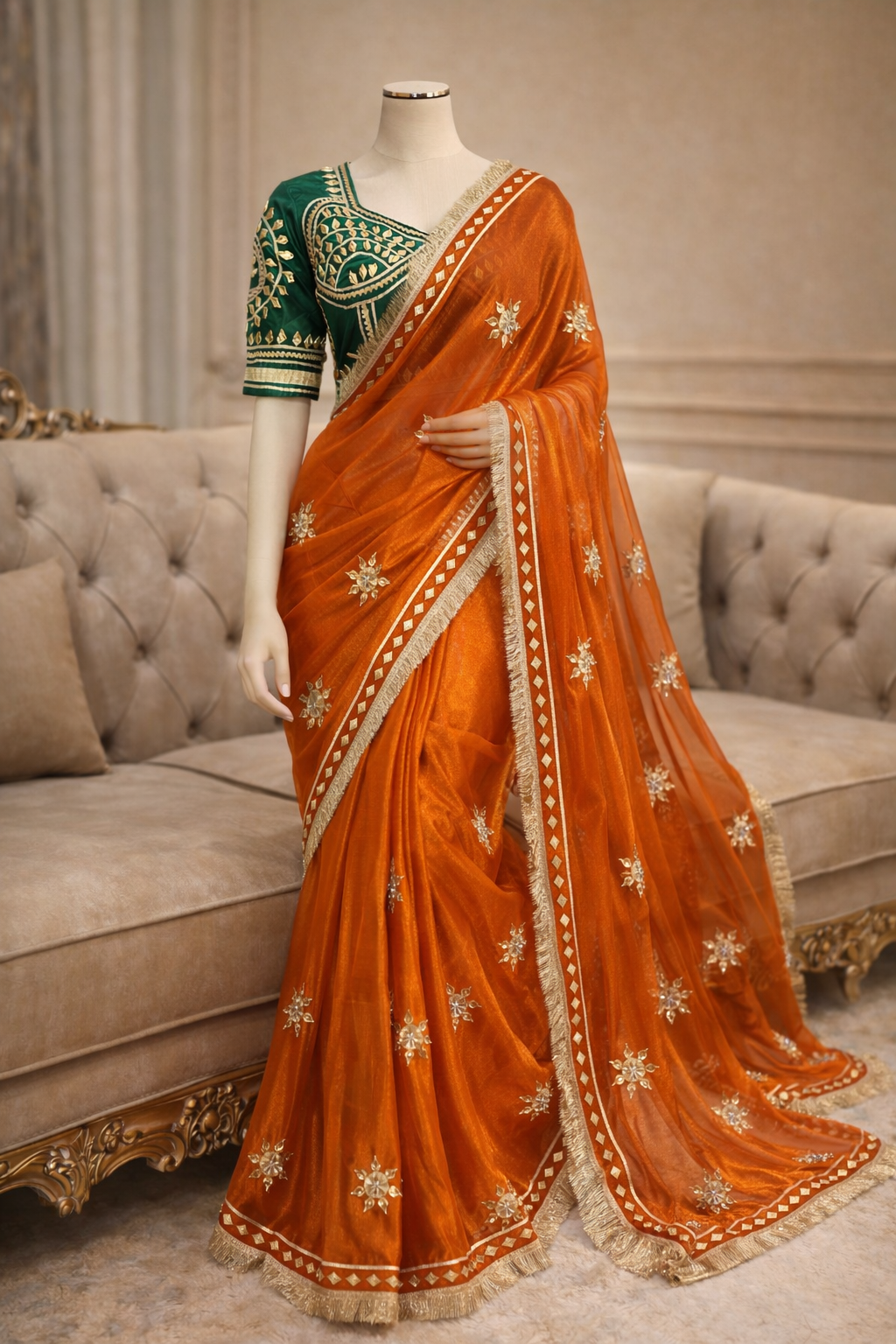 Noor-e-Gota Fancy Fabric Saree with Gota Patti Work & Designer Stitched Blouse