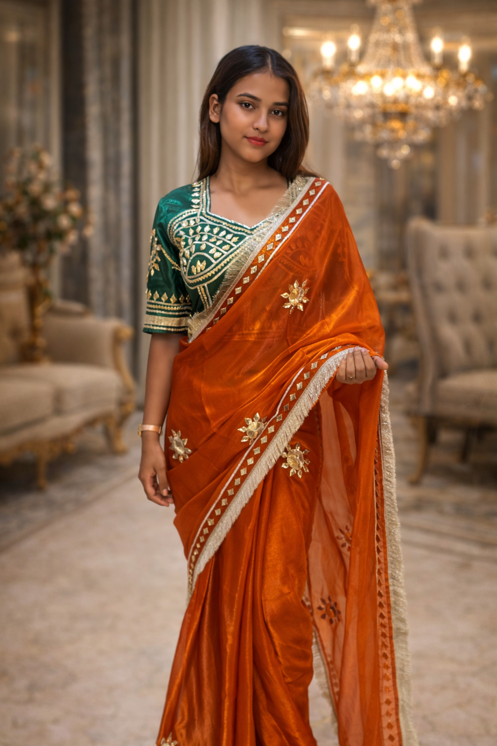 Noor-e-Gota Fancy Fabric Saree with Gota Patti Work & Designer Stitched Blouse