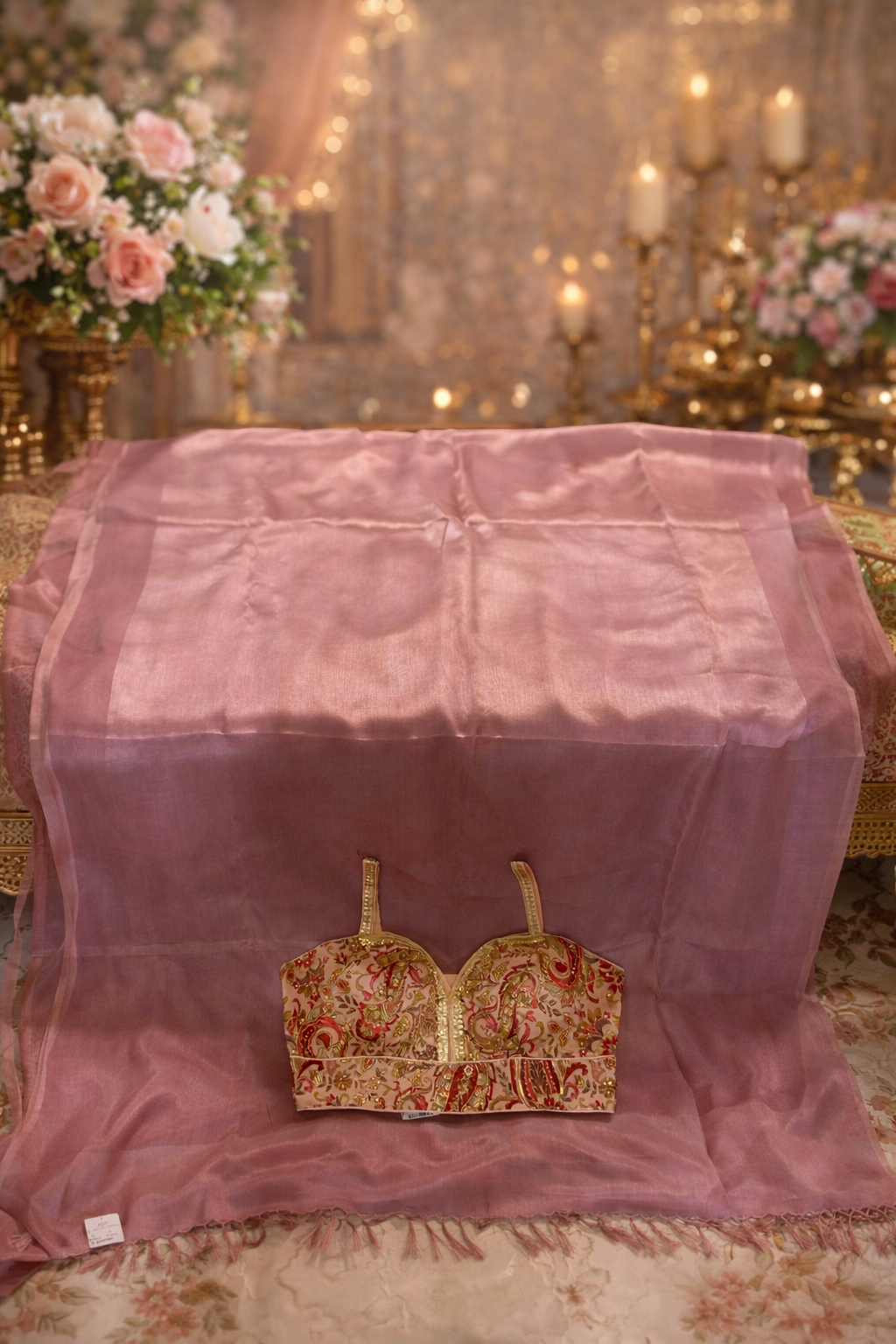 ROSELYRA Blush Pink Organza Silk Saree with Couture Embroidered Blouse