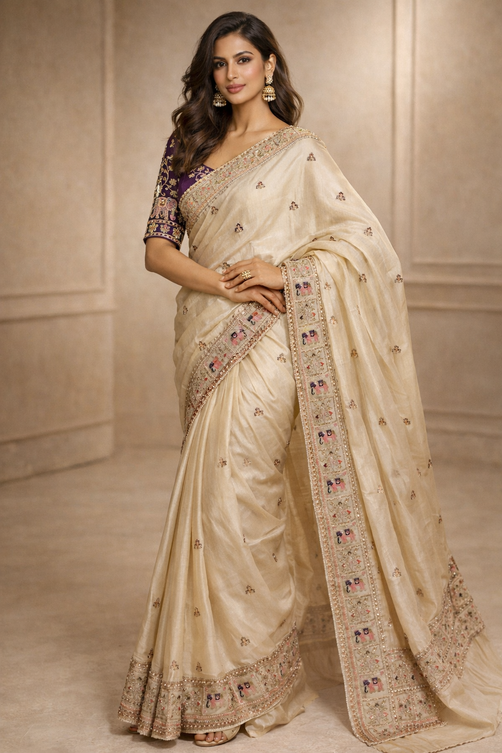 Ivory Silk Saree with Elephant Embroidery