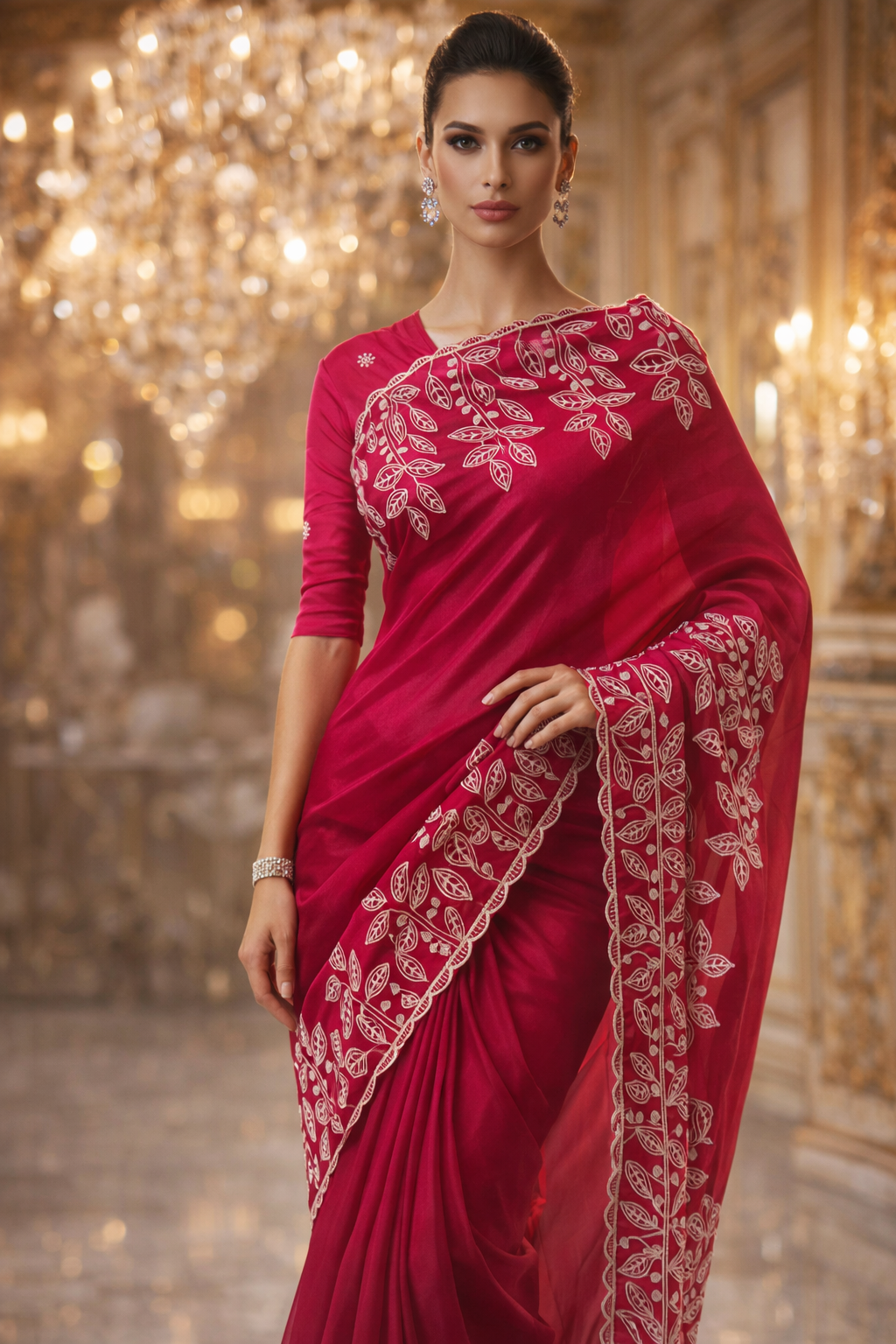 CIAZ | Couture Embroidered Saree in Rani Pink & Burnt Orange