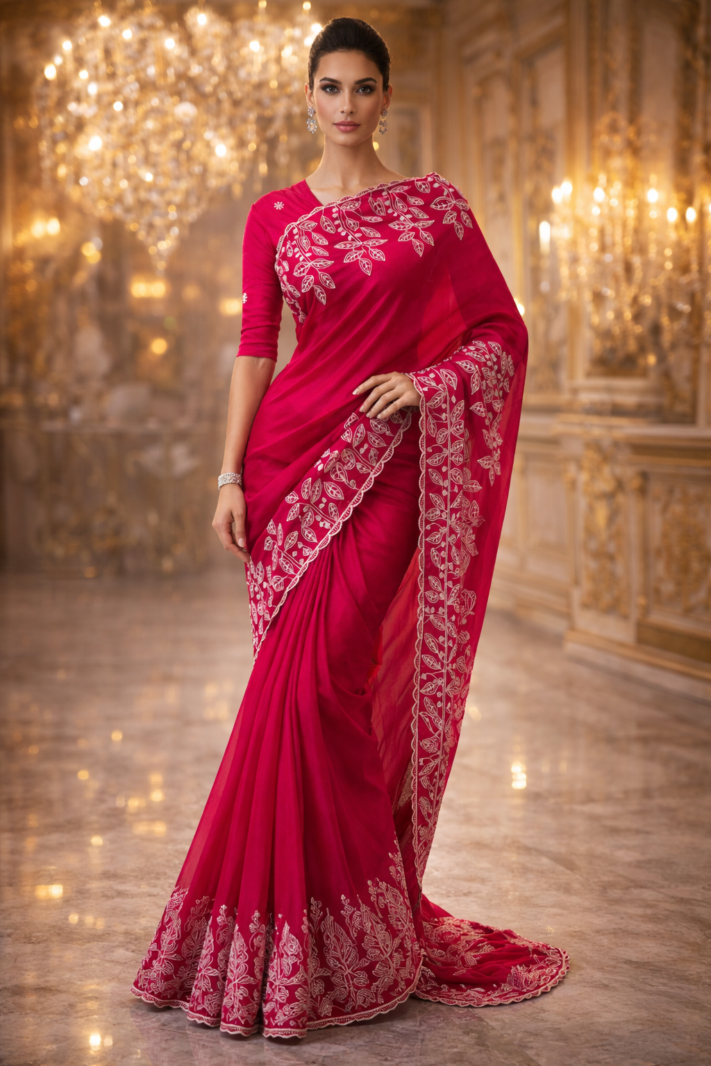 CIAZ | Couture Embroidered Saree in Rani Pink & Burnt Orange