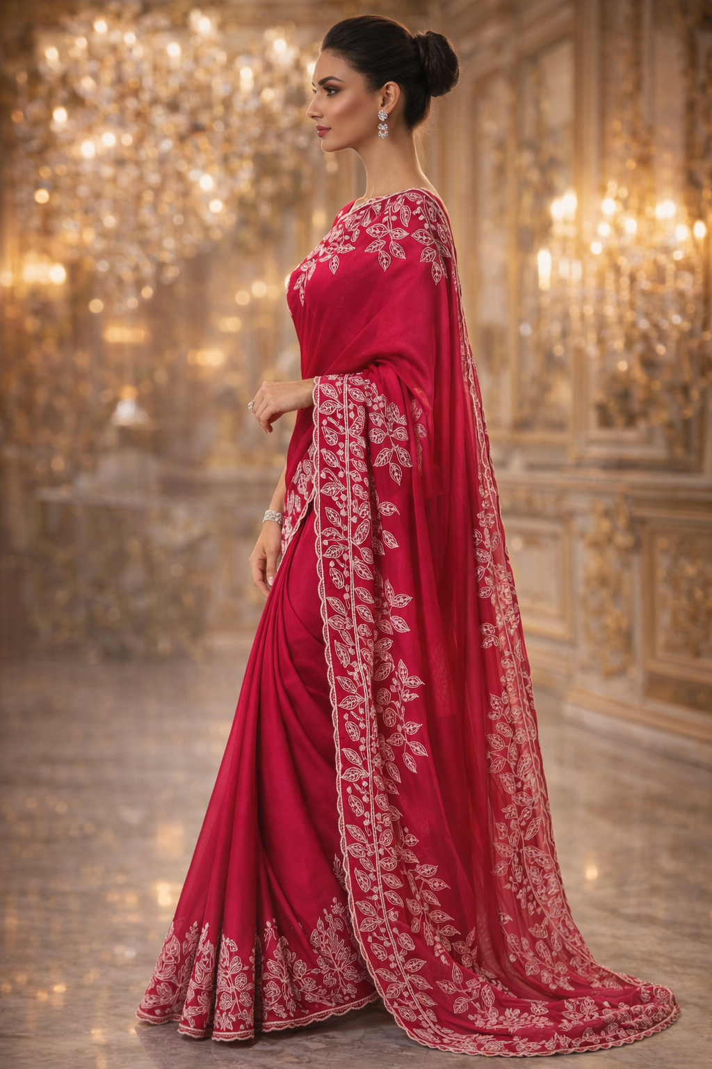 CIAZ | Couture Embroidered Saree in Rani Pink & Burnt Orange