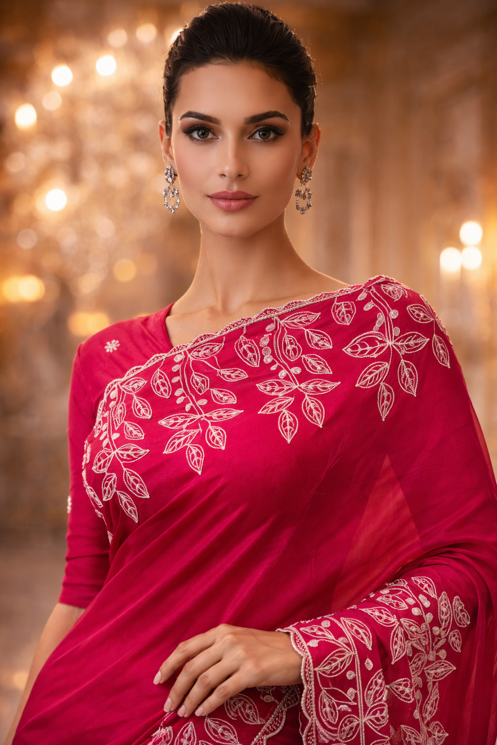CIAZ | Couture Embroidered Saree in Rani Pink & Burnt Orange