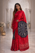 Ajrakh Print Satin Silk Saree with Mirror Work – Laddo Bandhej Inspired Design