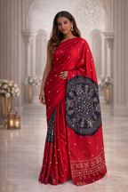 Ajrakh Print Satin Silk Saree with Mirror Work – Laddo Bandhej Inspired Design