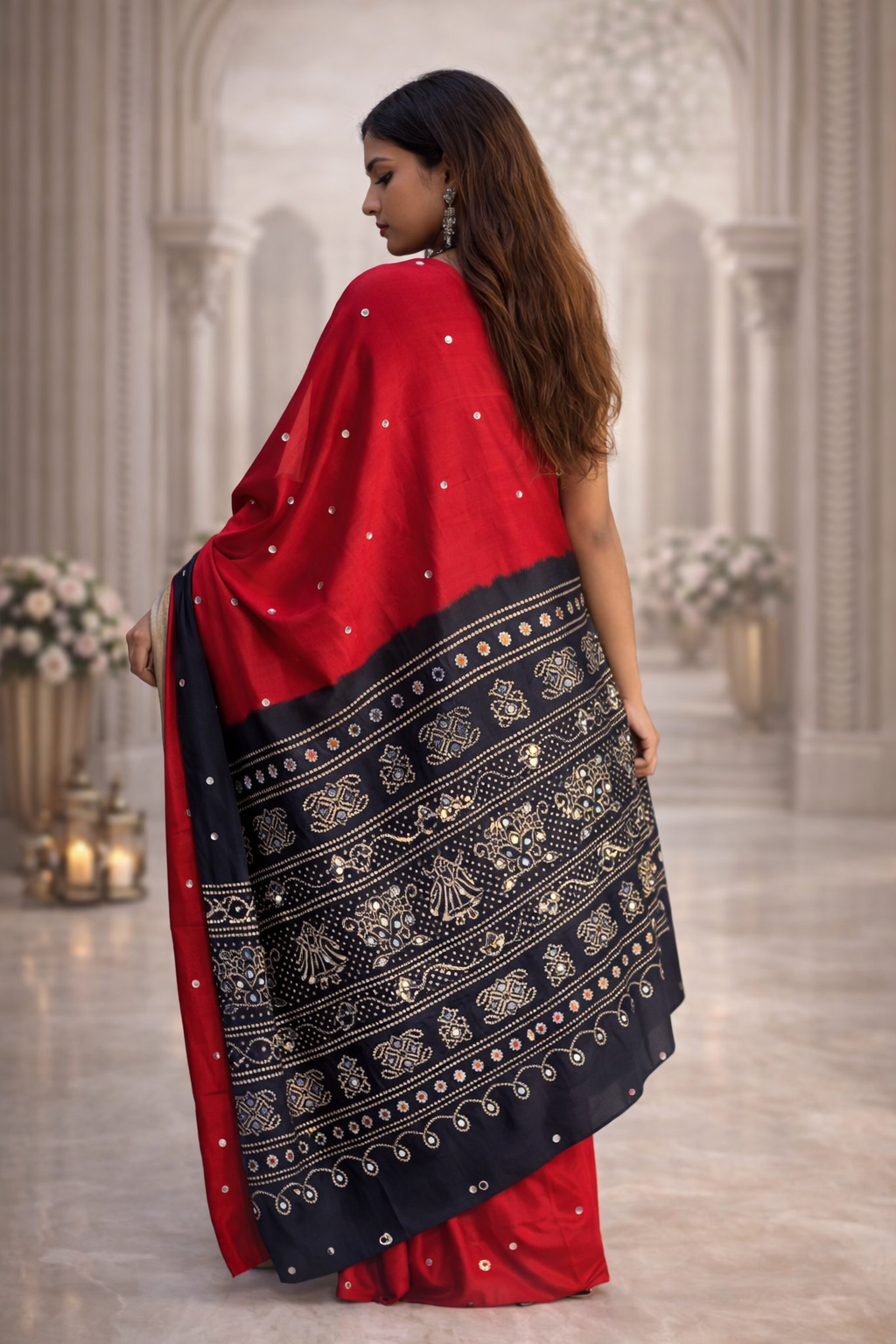 Ajrakh Print Satin Silk Saree with Mirror Work – Laddo Bandhej Inspired Design
