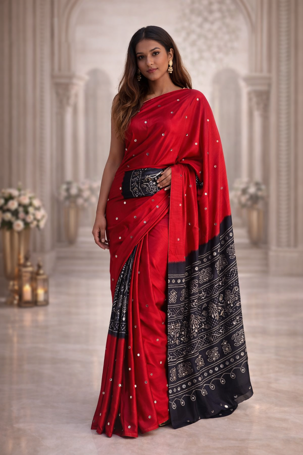 Ajrakh Print Satin Silk Saree with Mirror Work – Laddo Bandhej Inspired Design