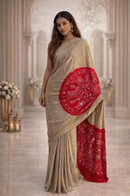 Ajrakh Print Satin Silk Saree with Mirror Work – Laddo Bandhej Inspired Design