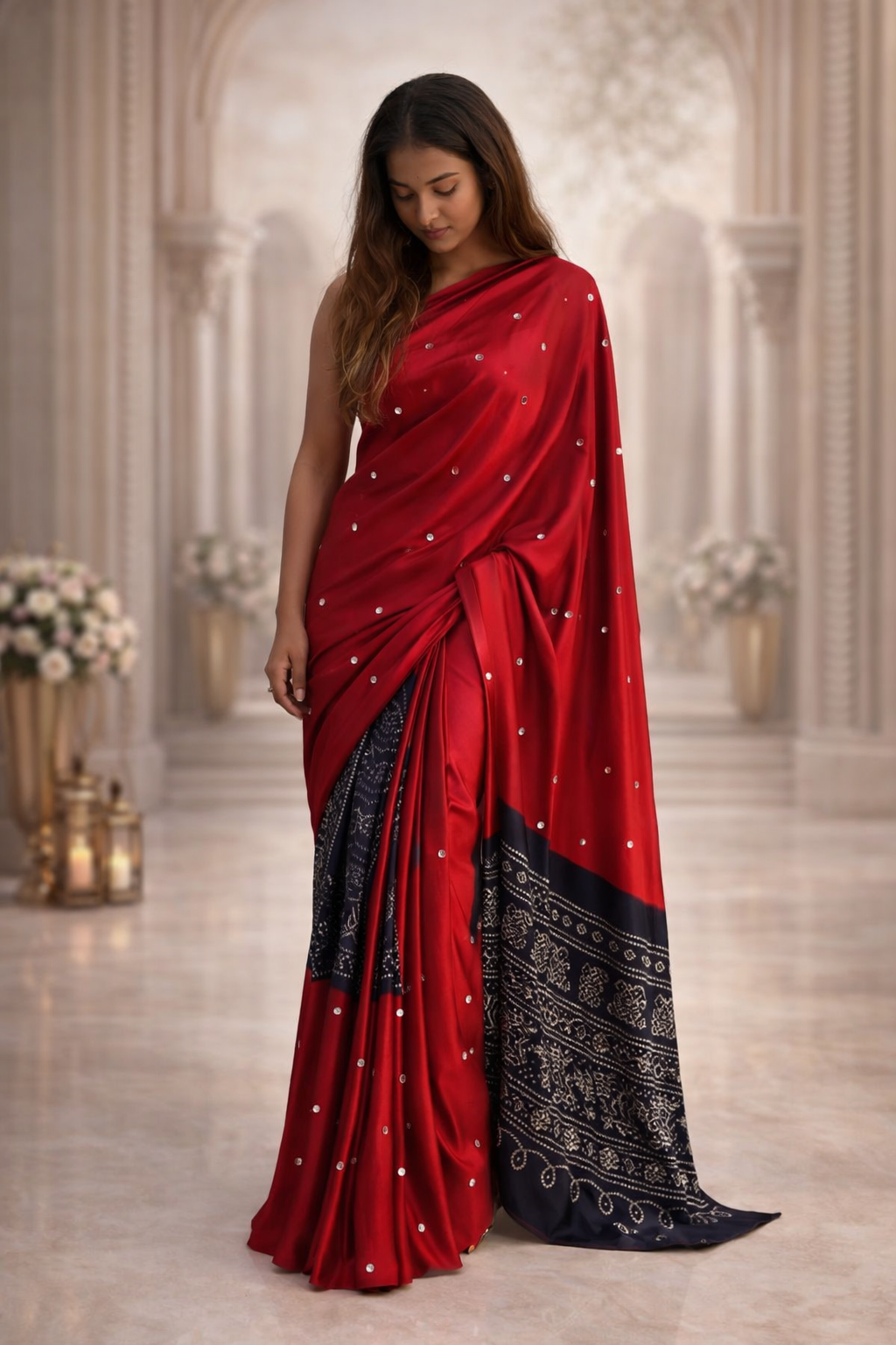 Ajrakh Print Satin Silk Saree with Mirror Work – Laddo Bandhej Inspired Design