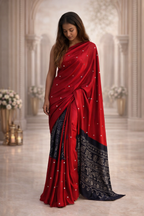 Ajrakh Print Satin Silk Saree with Mirror Work – Laddo Bandhej Inspired Design
