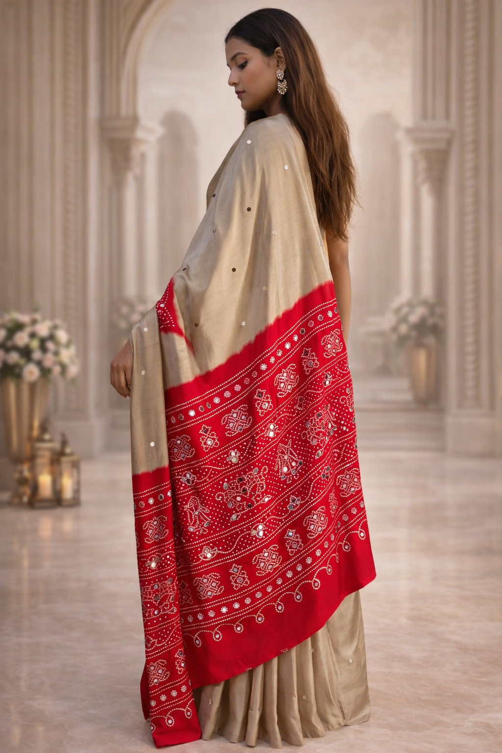 Ajrakh Print Satin Silk Saree with Mirror Work – Laddo Bandhej Inspired Design