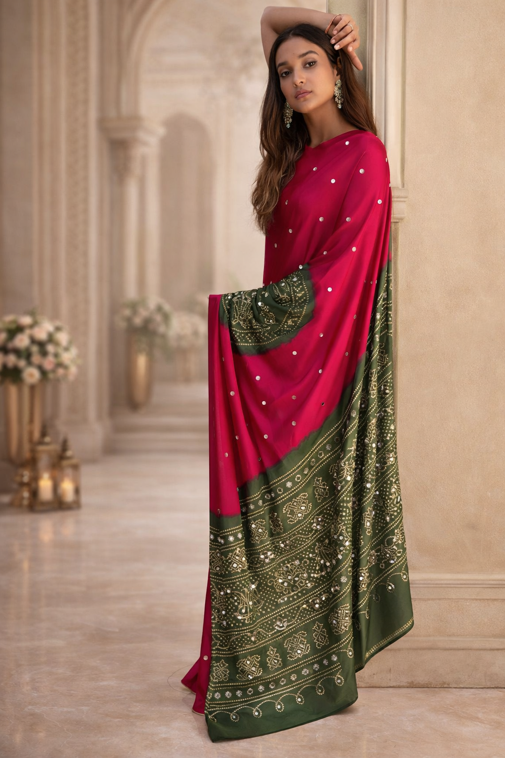 Ajrakh Print Satin Silk Saree with Mirror Work – Laddo Bandhej Inspired Design