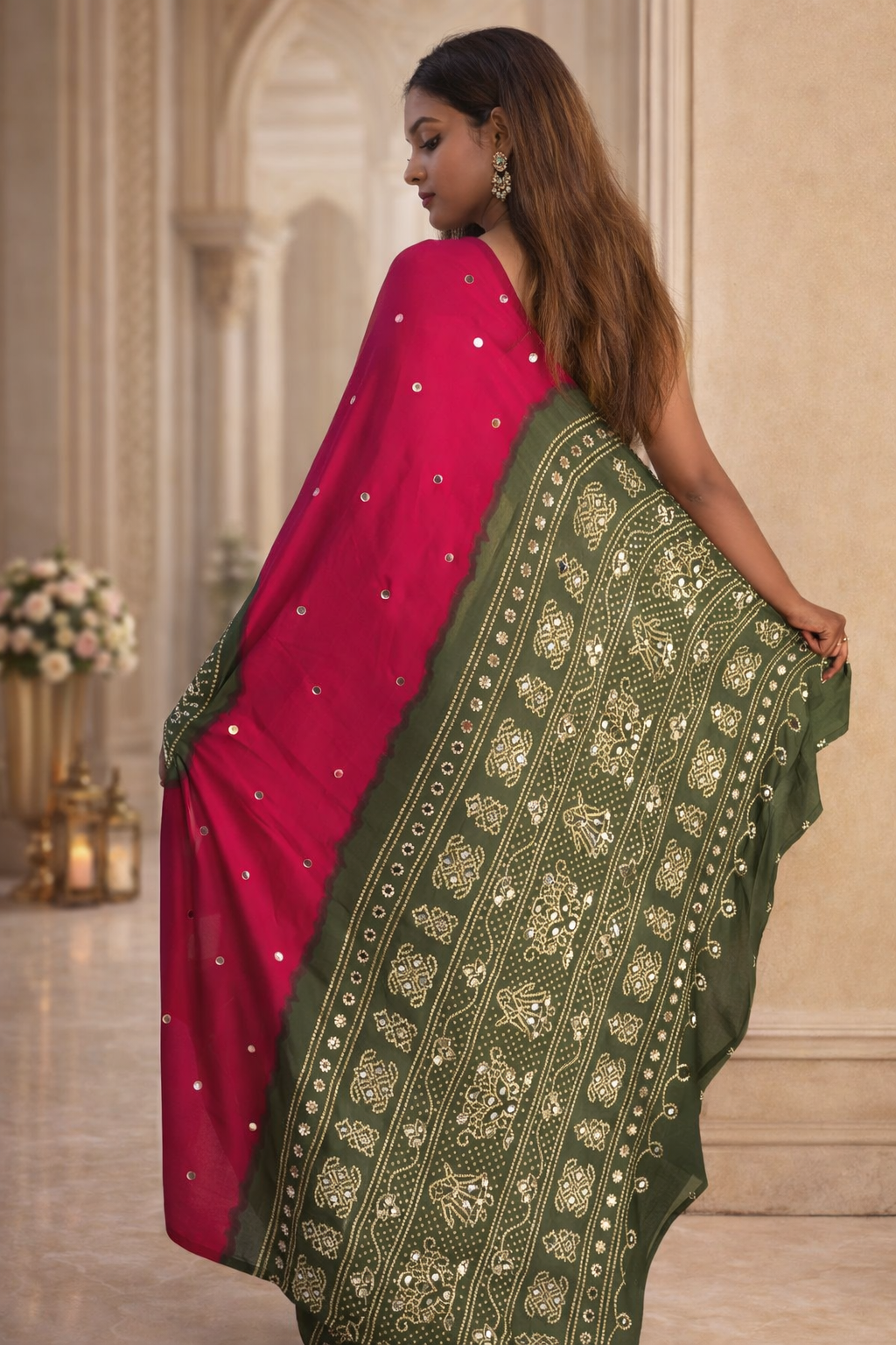 Ajrakh Print Satin Silk Saree with Mirror Work – Laddo Bandhej Inspired Design
