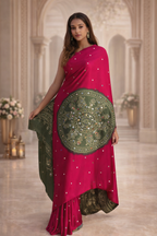 Ajrakh Print Satin Silk Saree with Mirror Work – Laddo Bandhej Inspired Design