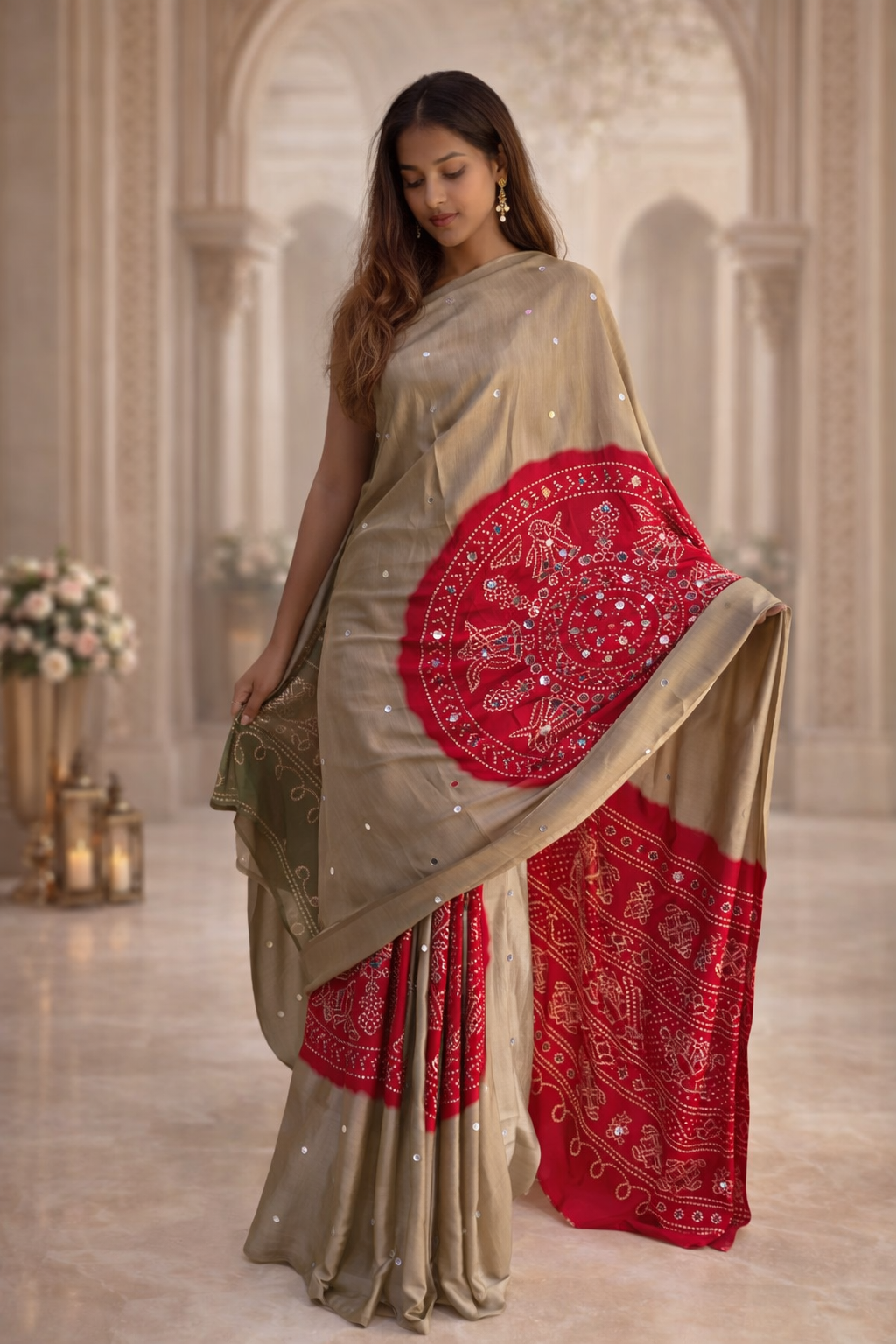 Ajrakh Print Satin Silk Saree with Mirror Work – Laddo Bandhej Inspired Design