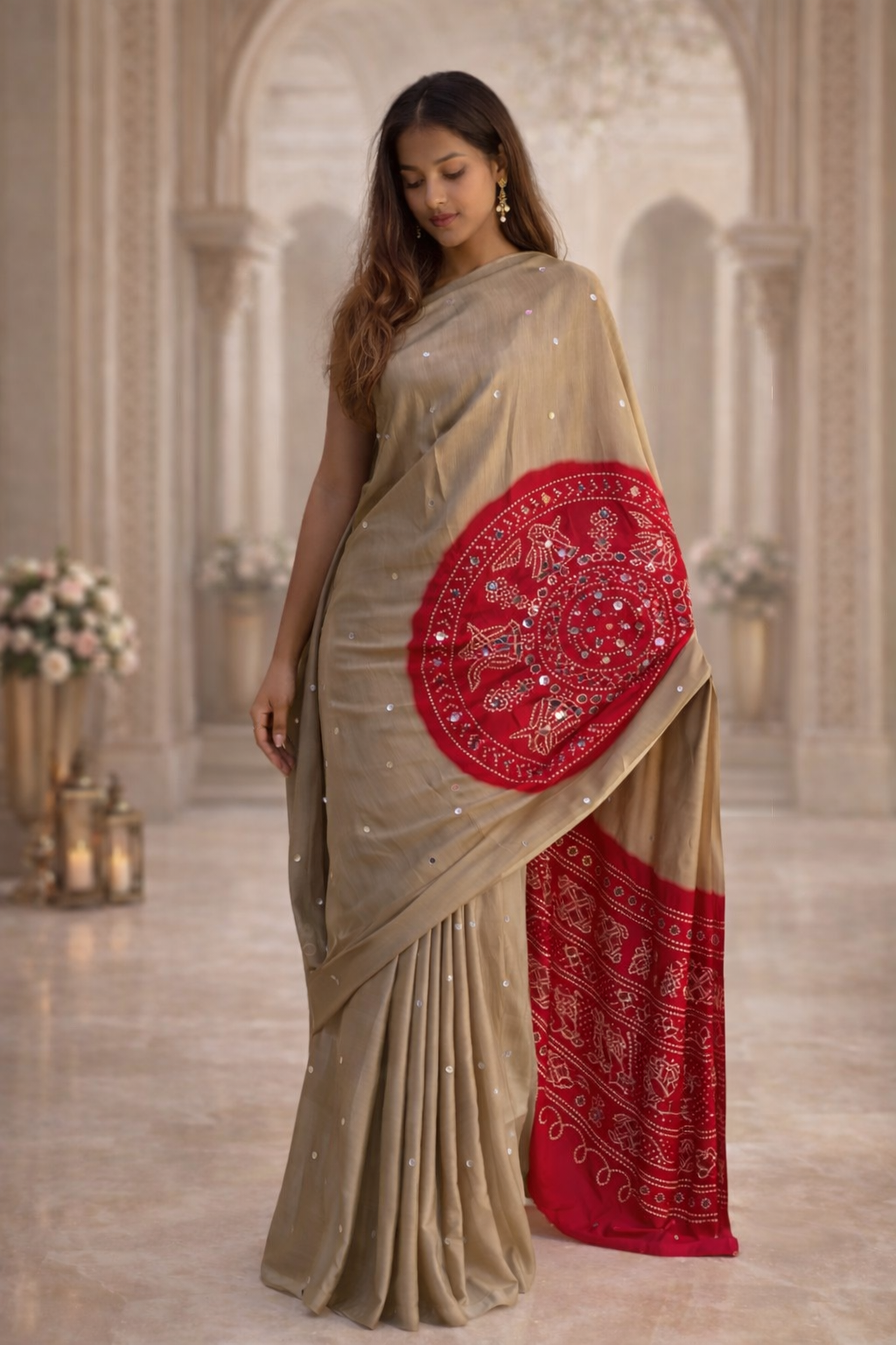 Ajrakh Print Satin Silk Saree with Mirror Work – Laddo Bandhej Inspired Design