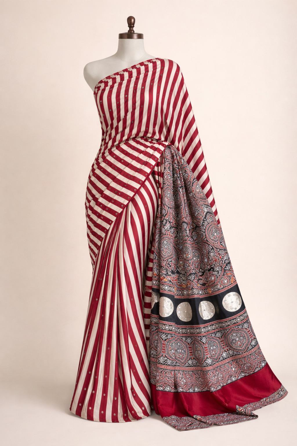 RASM Designer Studio Heritage Stripe Satin Silk Saree | Ajrakh Mirror Work Border