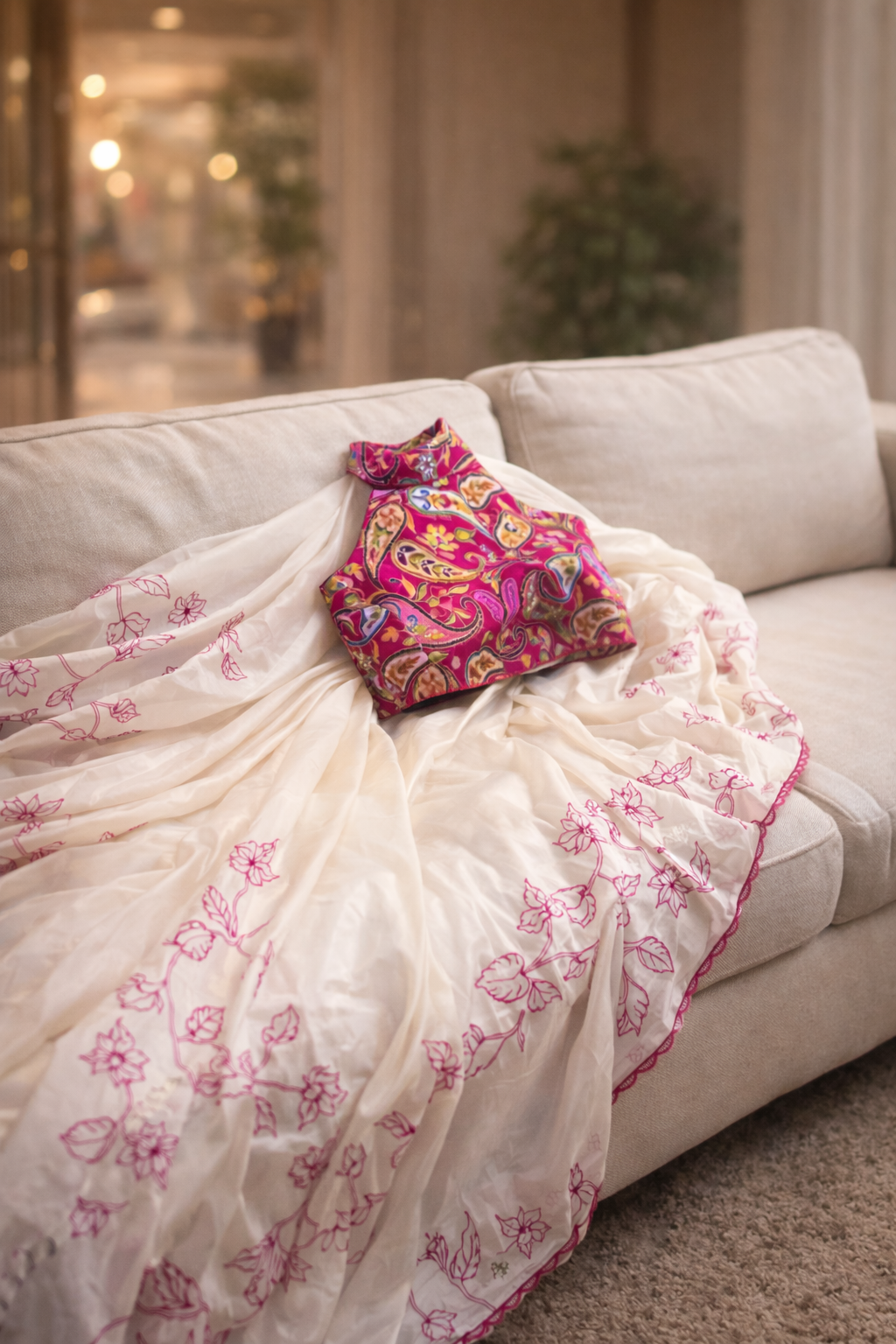 AURELIA BLANC Crepe Silk-Look Printed White Saree with Dual Blouse Set